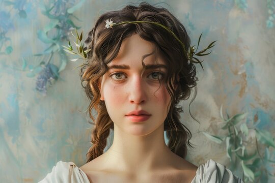 A woman wearing a flower crown, perfect for spring or summer concepts