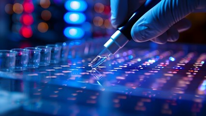 Researcher used computer to analyze genomic data leading to new technology. Concept Genomic Analysis, Computer Research, Innovation, Technology Development, Research Impact