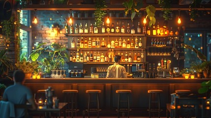 Vibrant Nightlife Scene with Bartenders Mixing Cocktails, generative ai