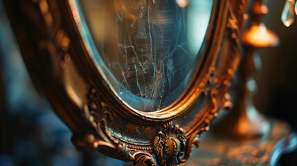 Artistic close-up of a vintage vanity mirror in a warmly lit ambiance