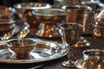 Fototapeta premium Silver dishes and cups arranged on a table, suitable for kitchen or dining concepts