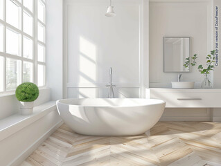 Brightly lit airy bathroom with white tiles