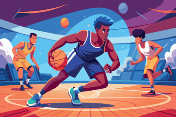 Basketball players focused during a competitive game on an indoor court