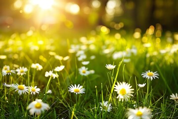 A field filled with daisies under the glowing rays of the sun in the background