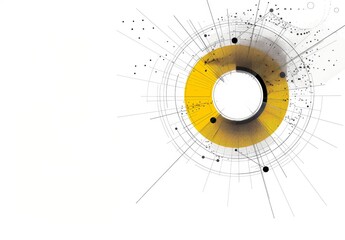  line art yellow circle with grey geometric shapes and lines on white background, minimalistic design for a social media template, technology concept Generative AI