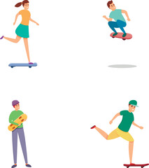 Skateboarding icons set cartoon vector. Diverse people riding skateboard. Youth urban culture