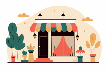 Quaint shopfront illustration with plants, trees, and warm colors