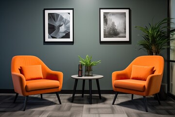A room with a large painting on the wall and a few orange chairs. The room is well lit and has a modern feel