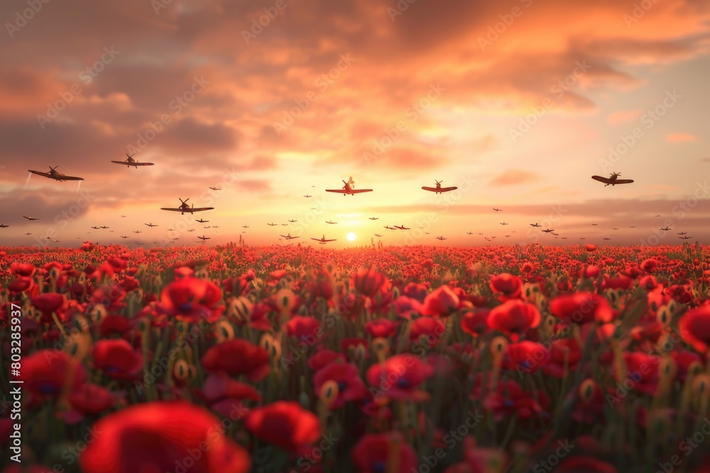 Poster a field of red flowers with airplanes flying in the sky. suitable for travel and nature concepts