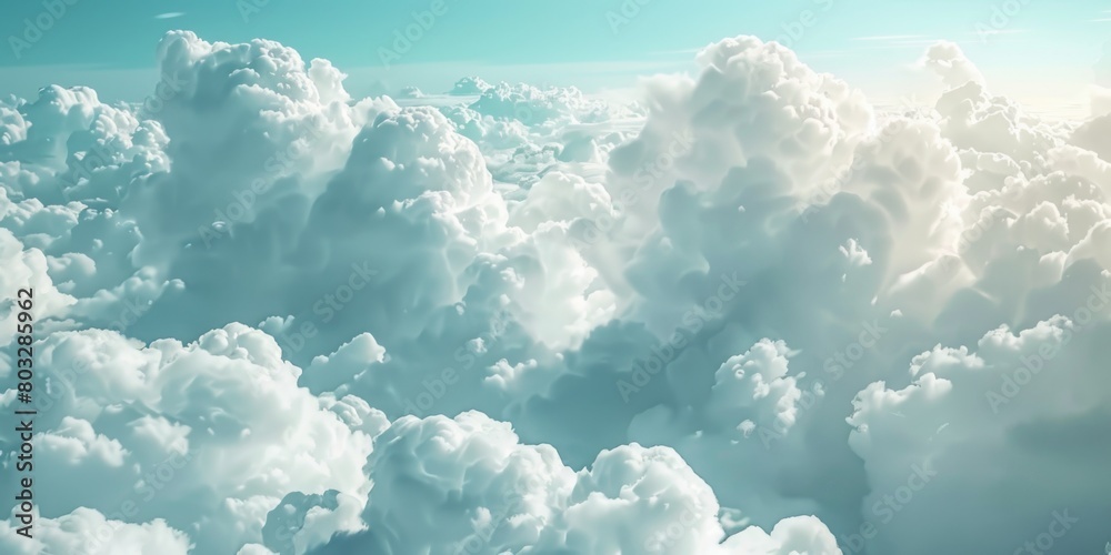 Poster a plane soaring through a sky filled with fluffy clouds. suitable for travel and transportation conc