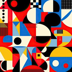 A flat design of an abstract geometric pattern with bold, primary colors like red and blue, featuring triangles, circles, squares, and other simple shapes arranged harmoniously.