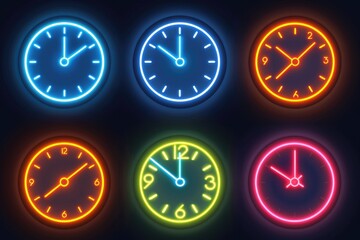 Neon clocks displaying various time zones, perfect for illustrating global concepts