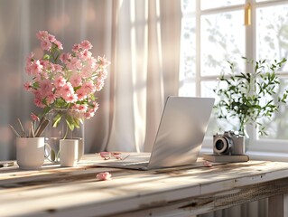 Fototapeta premium Flowers in a vase on a wooden table with a laptop and camera