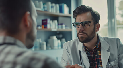 Fototapeta premium Excluding the blurred face, this image captures a professional pharmacist giving medical consultation to a patient in a modern pharmacy