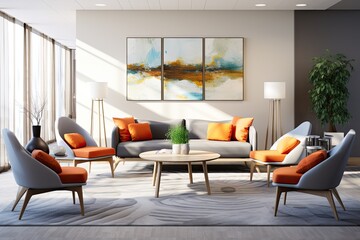 A room with a large painting on the wall and a few orange chairs