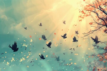 A flock of birds soaring in the sky, perfect for nature-themed projects