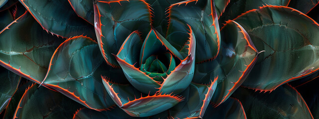 A top view of an agave plant with vibrant green leaves and dark red edges,