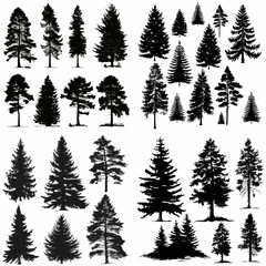 black tree silhouette set pure badge eco outline recreation breath emblem label protection graphic pine trunk woodland