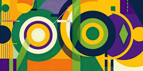 A vibrant, flat design featuring bold geometric shapes and patterns in shades of green, yellow, blue, purple and orange, suitable for use as an album cover or poster background.
