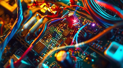 Vivid close-up of a complex circuit board with illuminated components and wires