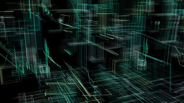 Journey through three-dimension digital Artificial Neural Network. Electronic nodes, connected together in electronic cyberspace.
