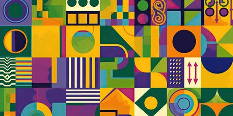 Design an illustration with bold geometric shapes and vibrant colors, suitable for creating artwork or posters. The design should feature symmetrical patterns of squares, circles.