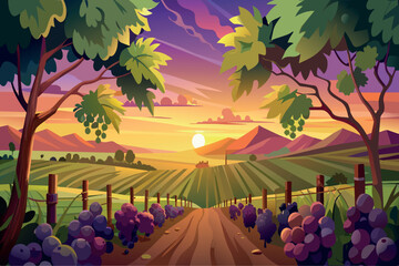 Fototapeta premium A painting depicting a vibrant sunset casting warm hues over a vineyard with grapevines and rolling hills