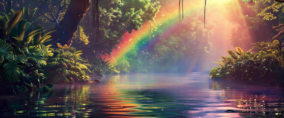 A tranquil riverbank lined with lush vegetation, where a vivid rnbow emerges from behind the trees, casting its iridescent glow upon the water's surface.