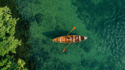 Aerial image capturing the top view of a wooden rowboat on emerald green water