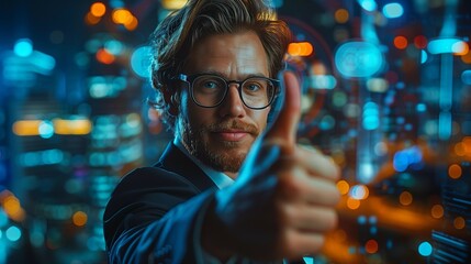 Successful businessman with futuristic cityscape background, generative ai