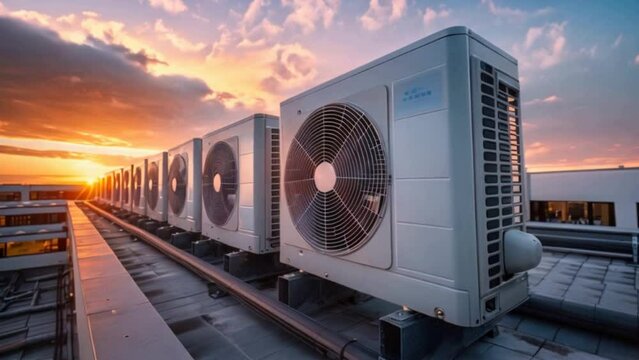 Air condenser unit located on roof deck building to heat released transferred to surrounding environment, Compressor is part of cooling function and air conditioning HVAC systems.