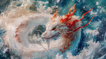 Naklejka premium Stunning Majestic Chinese - Asian Dragon in Fiery Clouds Illustration, in Bold Colors with Mystic Fire Sparks