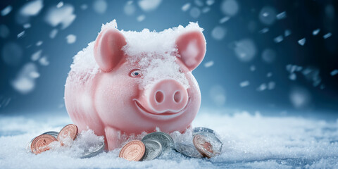 Frozen piggy bank covering by ice and snow with coins around. Financial concept.