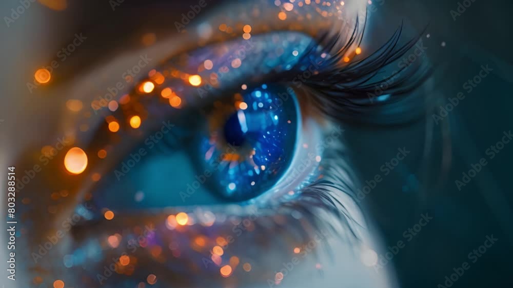 Poster a macro view of a blue eye, enhanced with shimmering details.