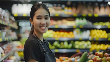 Asian woman smiling working in supermarket as a food store assistant . Concept Portrait Photography, Retail Industry, Smiling Employee, Asian Community, Supermarket Environment