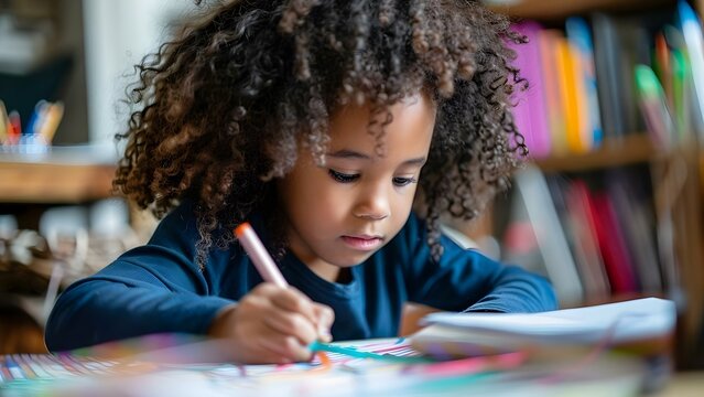 Child with dyslexia using colorful overlay strip for reading and writing tasks. Concept Dyslexia Awareness, Colorful Overlay Strips, Reading and Writing Assistance, Learning Challenges