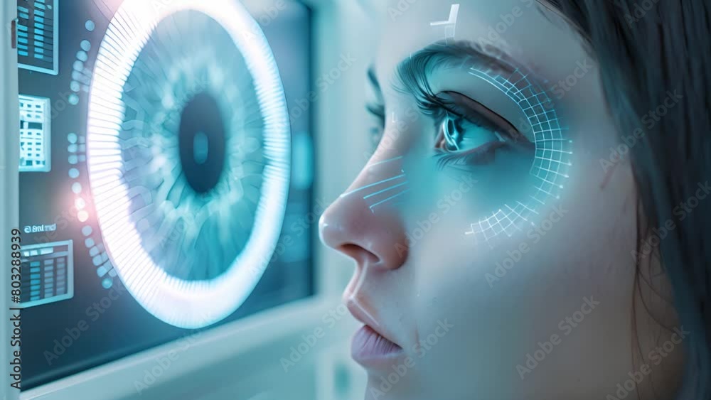 Poster A woman focused on a futuristic interface, exploring advanced technology with concentration and interest.