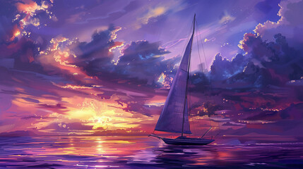 Elegant yacht on a serene sea at dusk sunset painting the clouds in hues of purple and gold perfect getaway