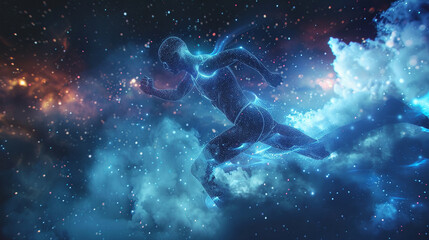 Athlete dashing through the night smoke trails flowing surrounded by a mesmerizing starry sky showcasing motion and stillness