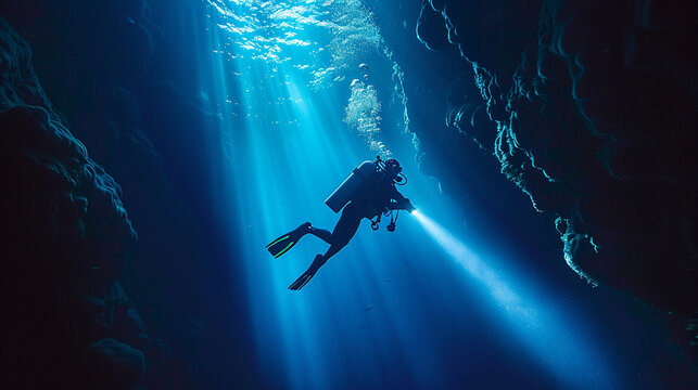Scuba diver in deep ocean flashlight beam guiding through shadowy waters unveiling hidden underwater landscapes