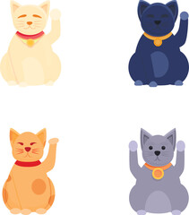 Maneki neko icons set cartoon vector. Japanese cat maneki neko with raised paw. Asian figurine for good luck