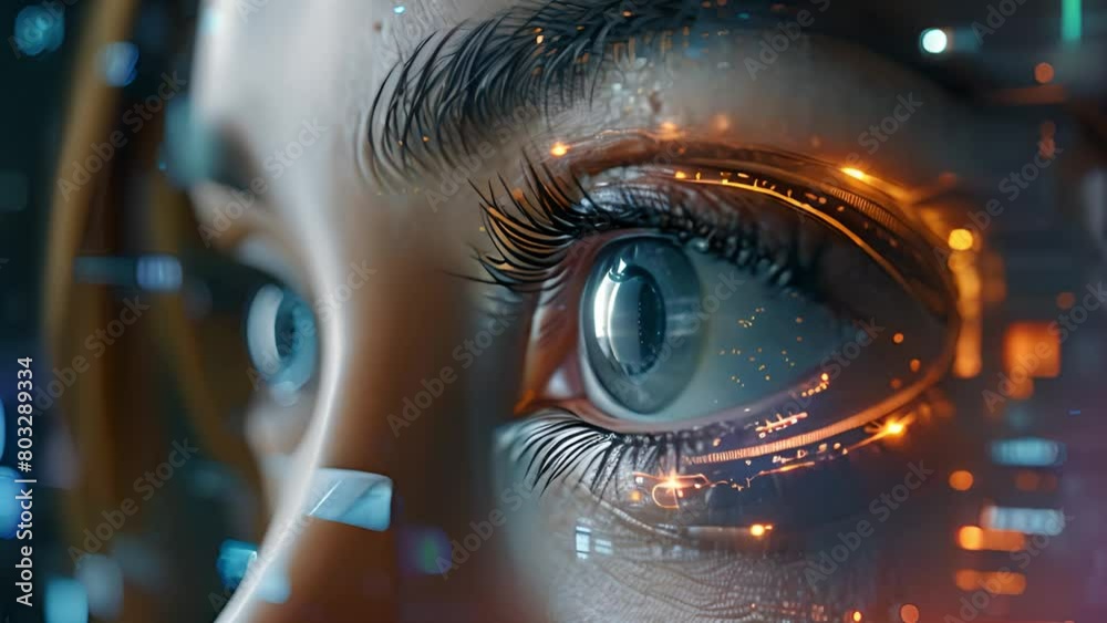 Poster Close-up of a womans eye with a futuristic digital interface in the background, showcasing technology integration.