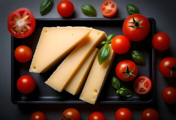 a slice of Grana Padano cheese with a tomato on top, on a black tray with a grey background