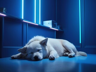 Cute dog sleeping in the blue neon room