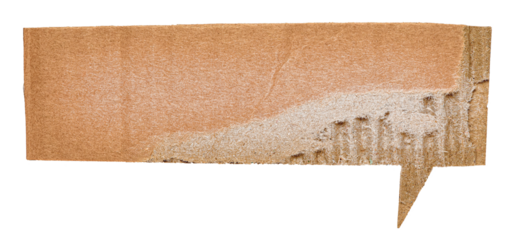 Brown blank cut out corrugated cardboard paper speech bubble of rectangular shape with copy space for text on transparent or white background
