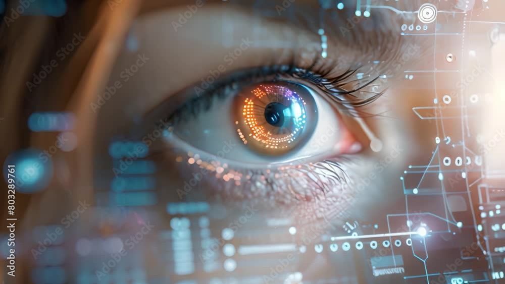 Poster Close-up view of a human eye enhanced with digital graphics, symbolizing technology integration.