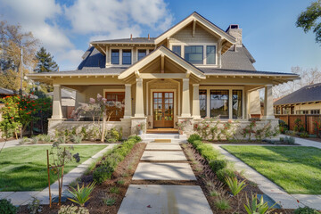 Fototapeta na wymiar An elegant craftsman cottage style house in warm beige, with a triple pitched roof, meticulously designed front yard, and inviting pathway, reflecting a modern and cozy home atmosphere.