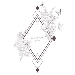 Line Art Wedding Frame Illustration. Floral Border.