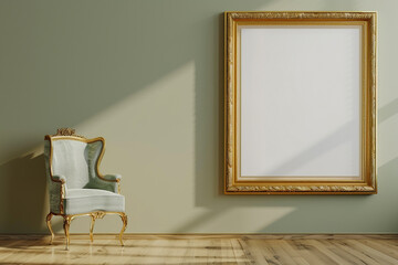 Art gallery featuring one large golden frame on a light olive wall, perfect for showcasing modern masterpieces