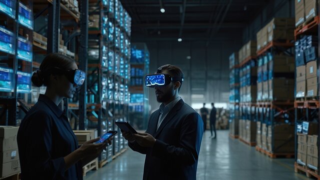 This is a two people in a warehouse wearing virtual reality headsets.